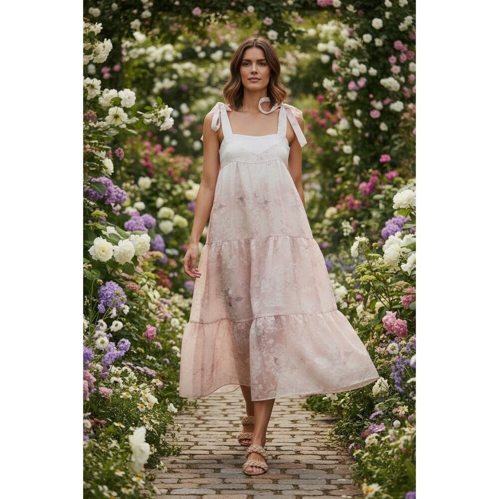 Storia Floral Tiered Romantic Pink Cottagecore Coquette Maxi Dress Size Small